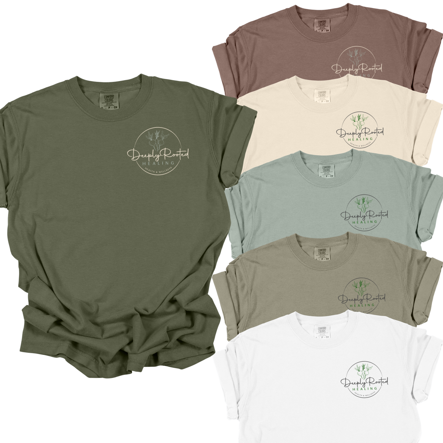 Deeply Rooted Healing | Comfort Colors Tee, pocket logo