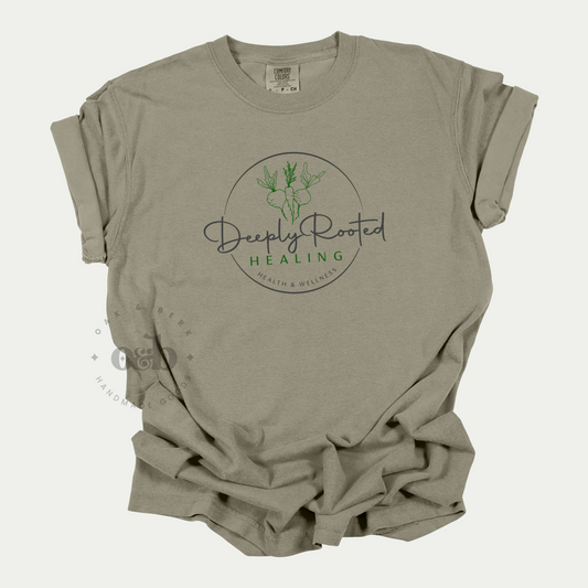 Deeply Rooted Healing | Comfort Colors Tee, full logo