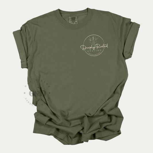 Deeply Rooted Healing | Comfort Colors Tee, pocket logo